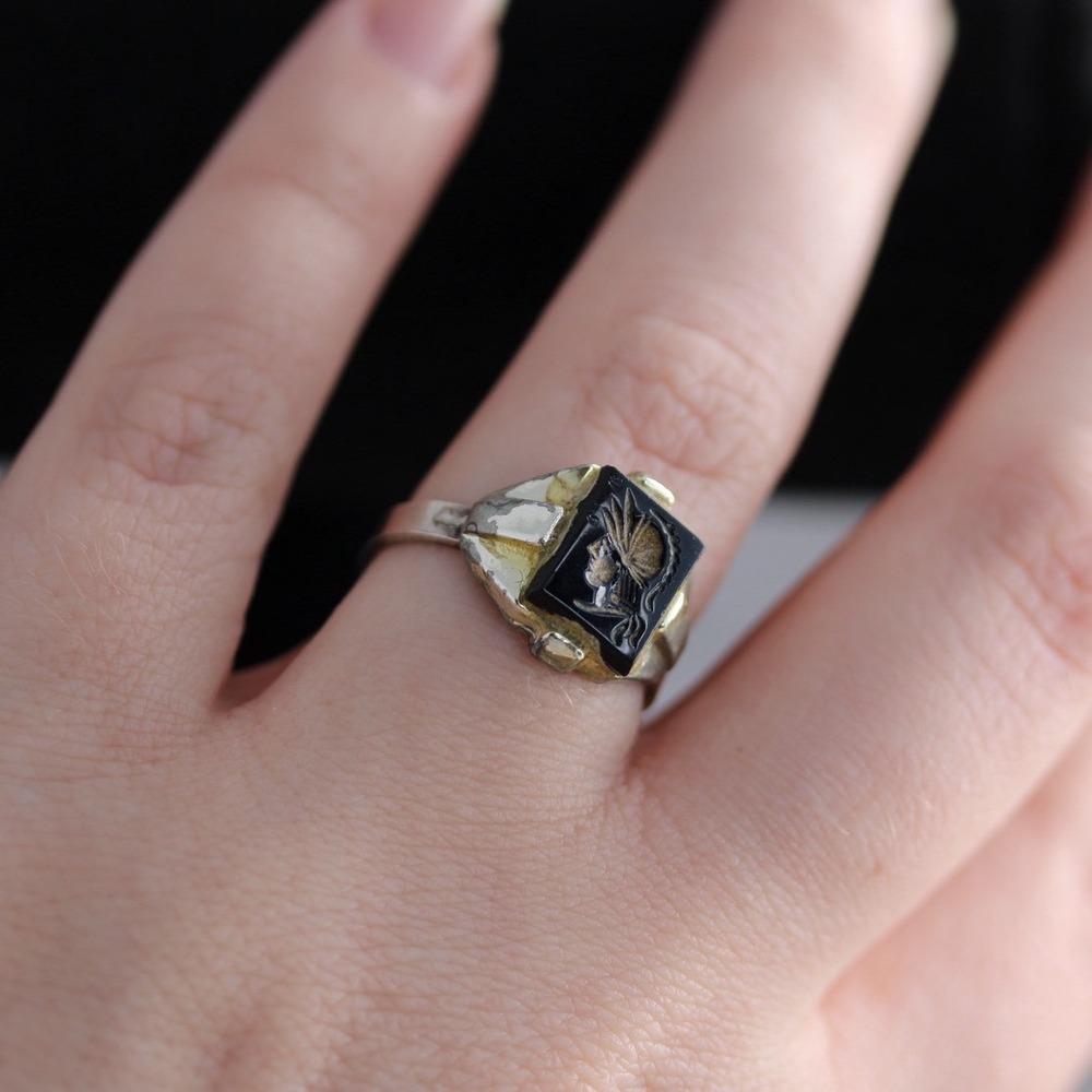 Vintage Sterling Silver Roman Soldier Cameo Ring Adjustable Size 6-7 Signet - Picture 7 of 9
